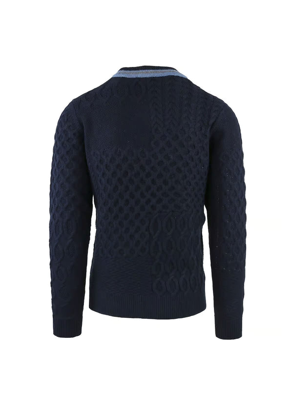 PULLOVER WITH PATCHWORK AND STRIPES ON THE NECK