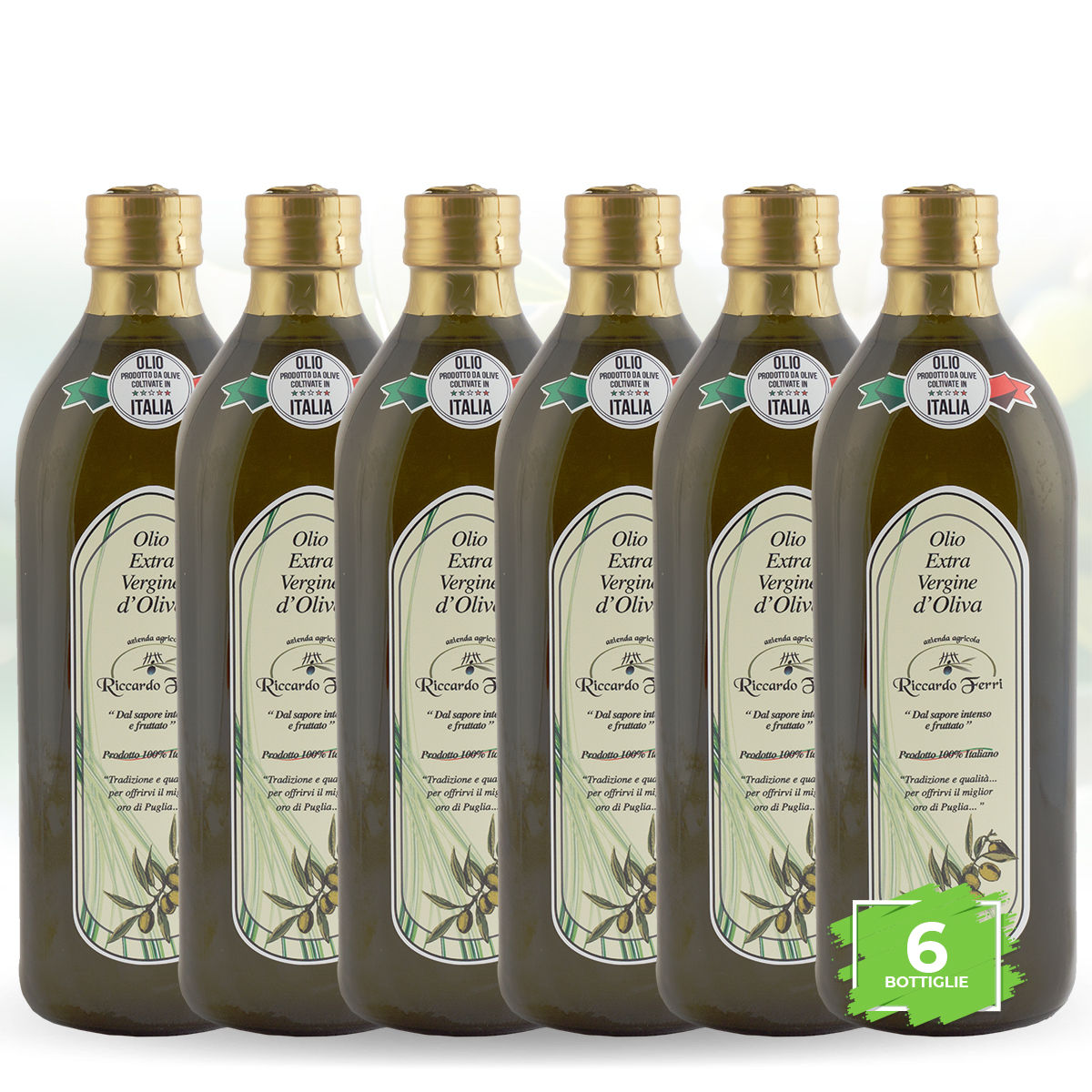 6 x 1 Lt bottles of 100% Italian extra virgin olive oil