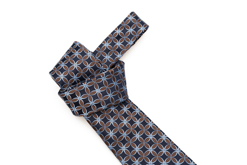Midnight blue tie with brown and light blue geometry pure silk