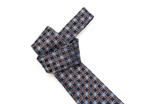 Midnight blue tie with brown and light blue geometry pure silk