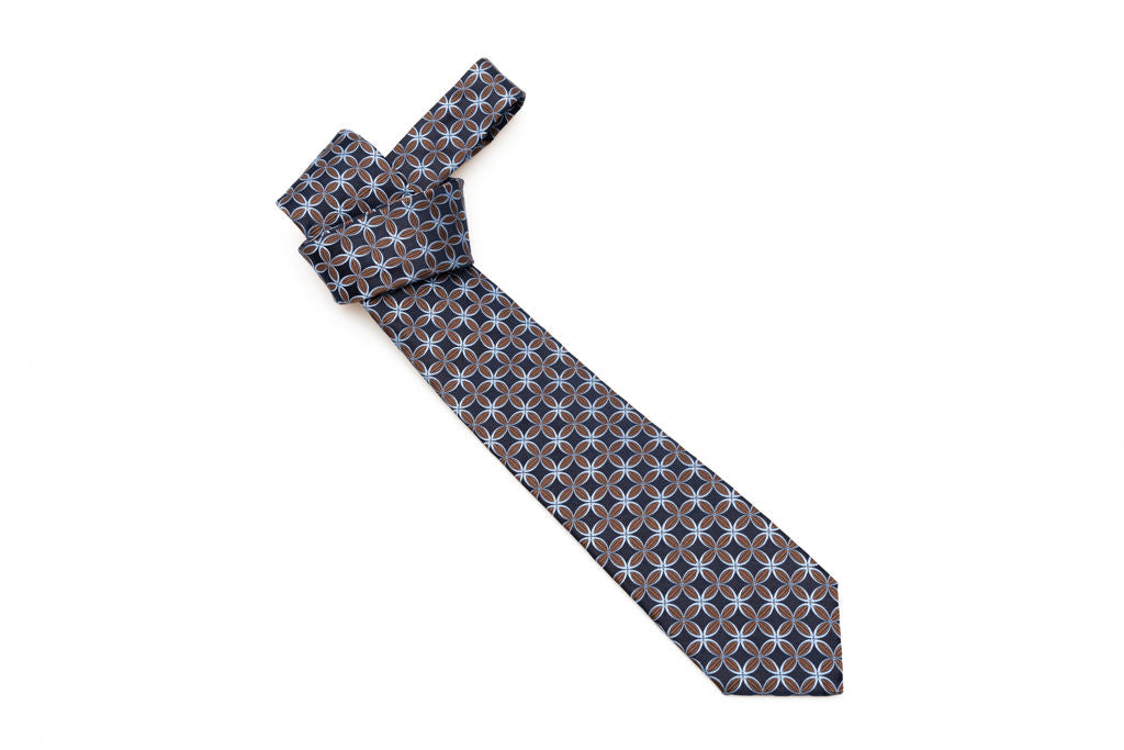 Midnight blue tie with brown and light blue geometry pure silk