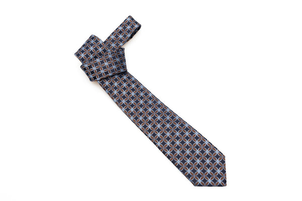 Midnight blue tie with brown and light blue geometry pure silk