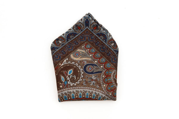 Beige clutch bag with red and blue pattern in pure silk