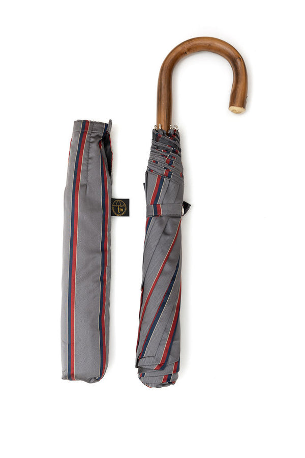 Mario Talarico grey striped folding umbrella with chestnut handle