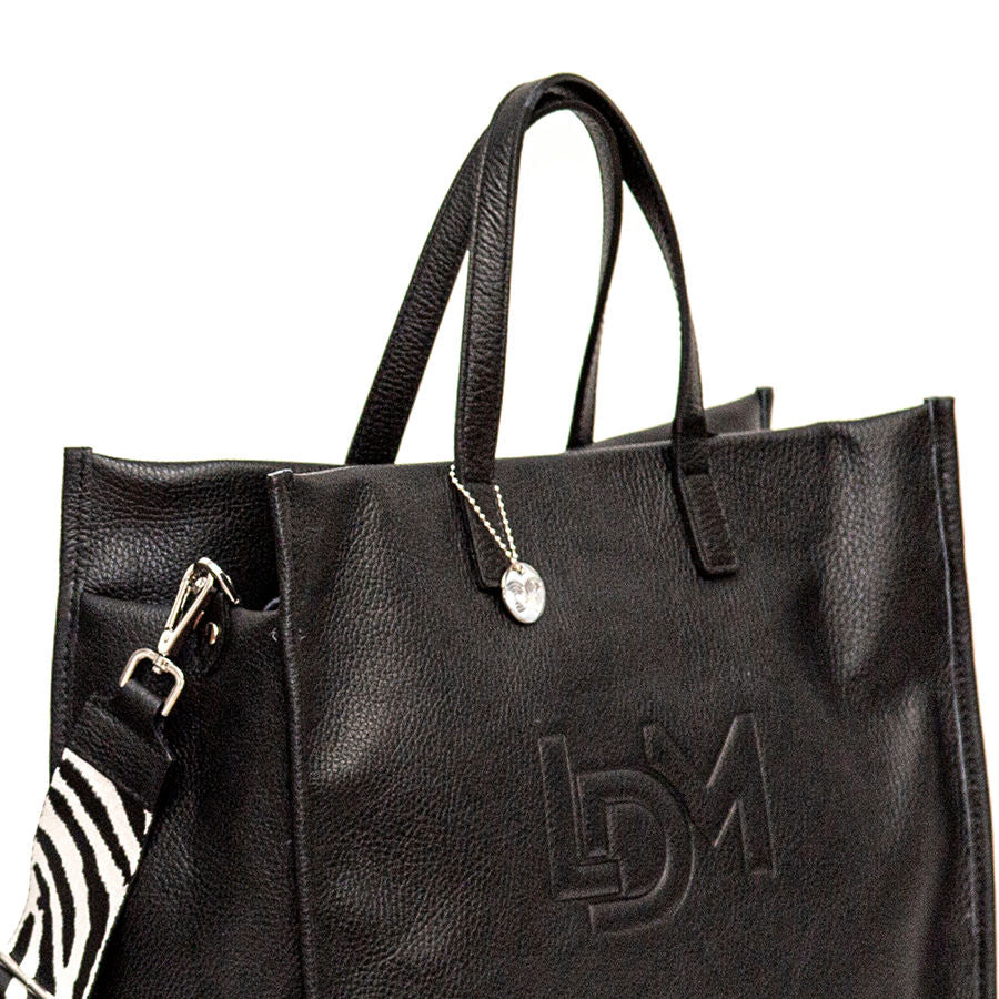 LDM - Maxi shopping bag in black leather with ribbon shoulder strap