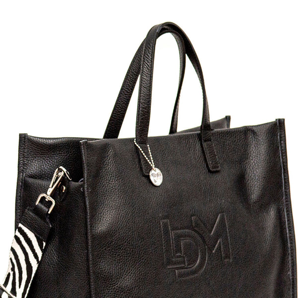 LDM - Maxi shopping bag in black leather with ribbon shoulder strap