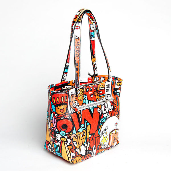 DOODLE - red screen printed leather shopping bag