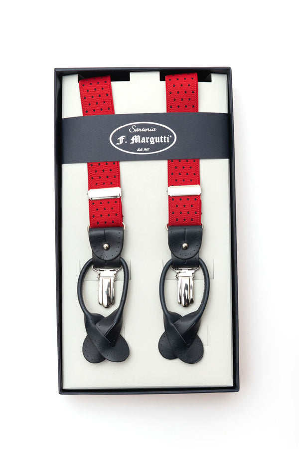 Red braces with blue micro polka dots