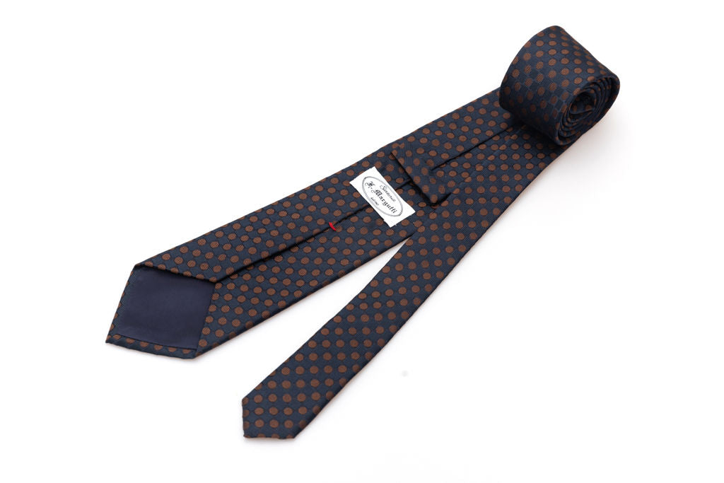 Cravatta blu con pois marrone in pura seta