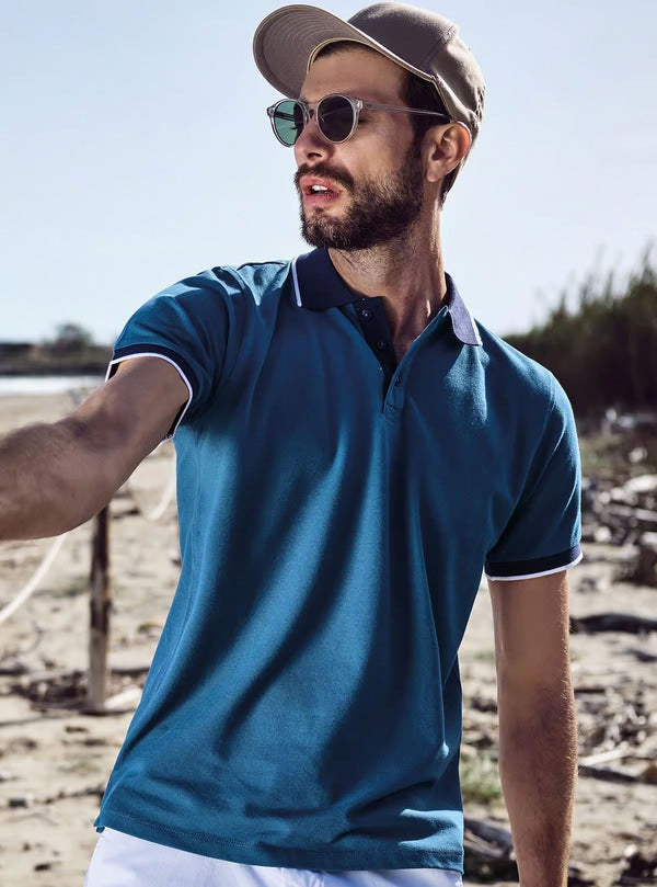 SHORT SLEEVE PIQUET POLO SHIRT WITH STRIPED UNDER COLLAR