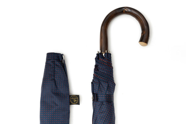 Mario Talarico folding umbrella blue with red polka dots chestnut handle