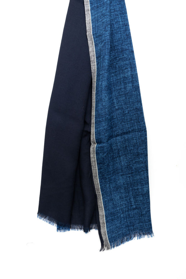Double layer blue scarf with grey border pure wool