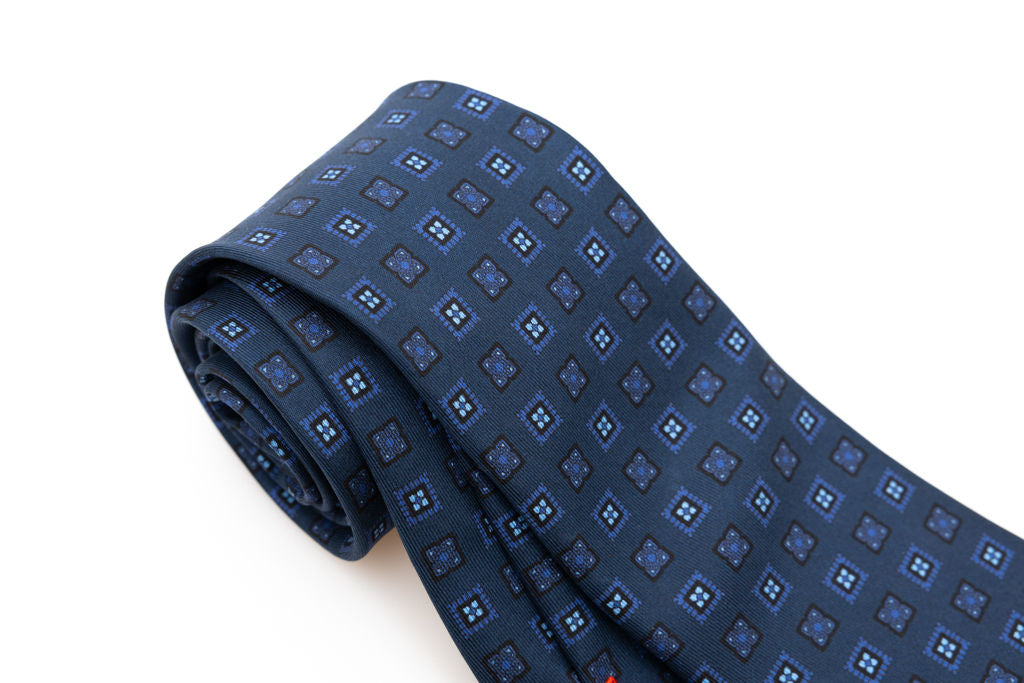 Blue tie with light blue geometric pattern pure silk