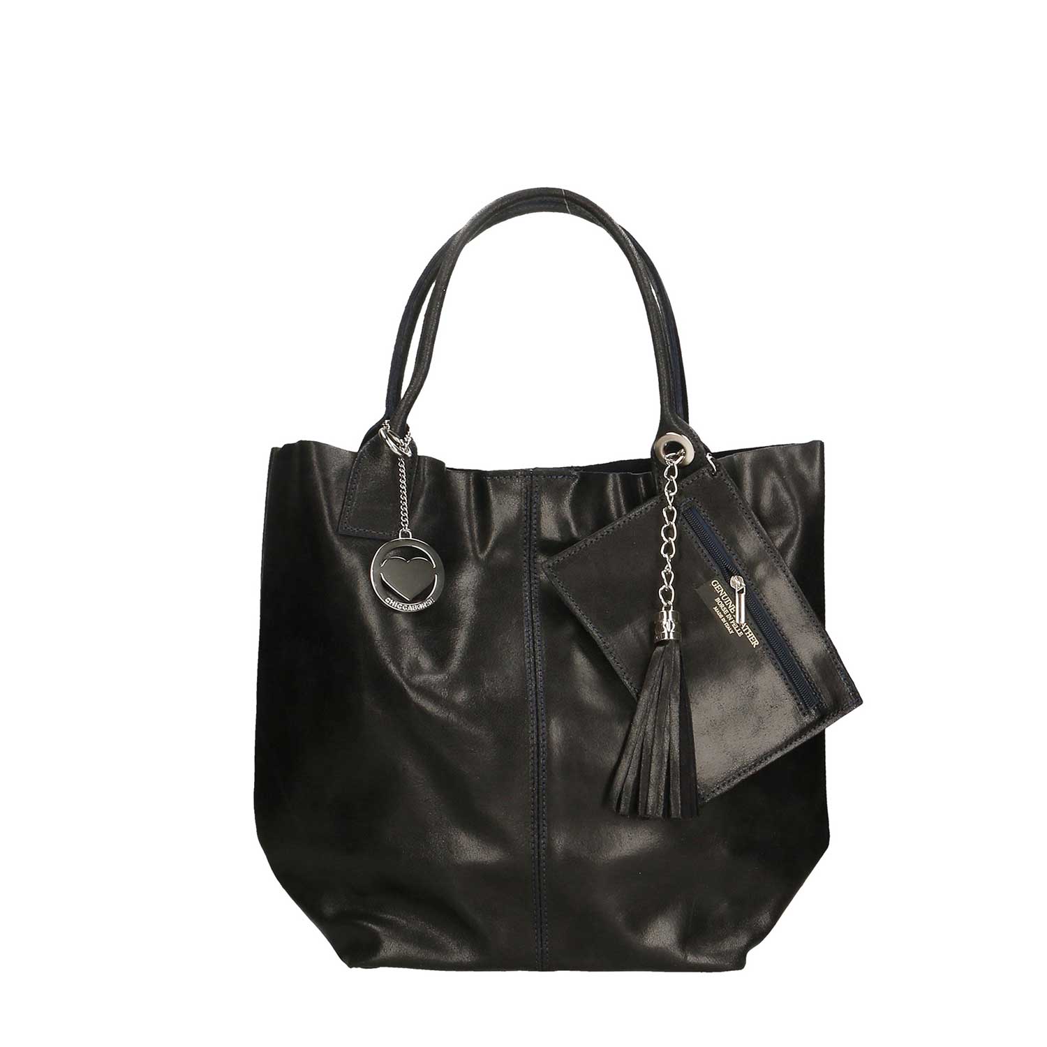 Women's Large Spatula Leather Shopper Bag with Clutch - 5190 