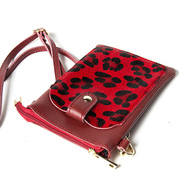 TINY - Dollar Leather Cell Phone Case with Red Leopard Print Pony
