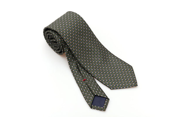 Green and brown micro-patterned pure silk tie