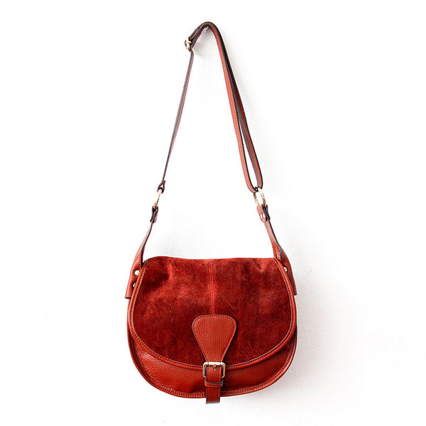 SADDLE - ruby ​​leather and suede messenger bag