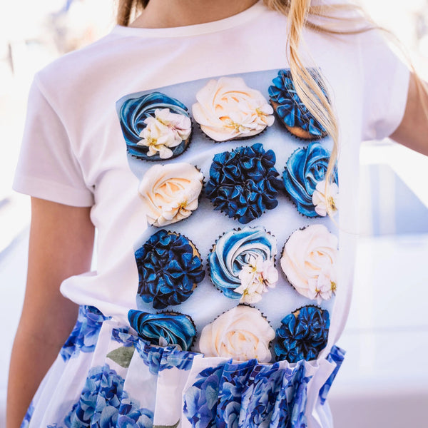 T-SHIRT STAMPA CUPCAKES BLU/PANNA