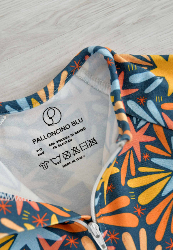 Tutina con zip in bambù - Stelle e fuochi d'artificio - Palloncino blu