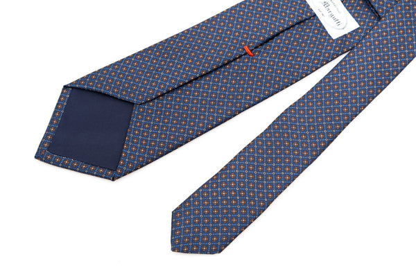 Cravatta blu con microfantasia marrone pura seta