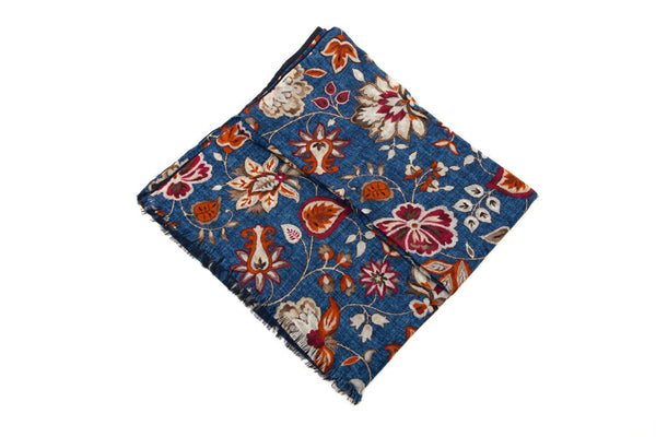 Double layer scarf in blue floral pattern pure wool