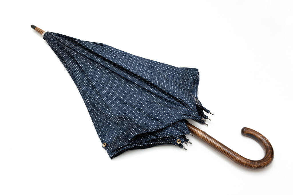 Mario Talarico blue umbrella with white polka dots in hickory wood