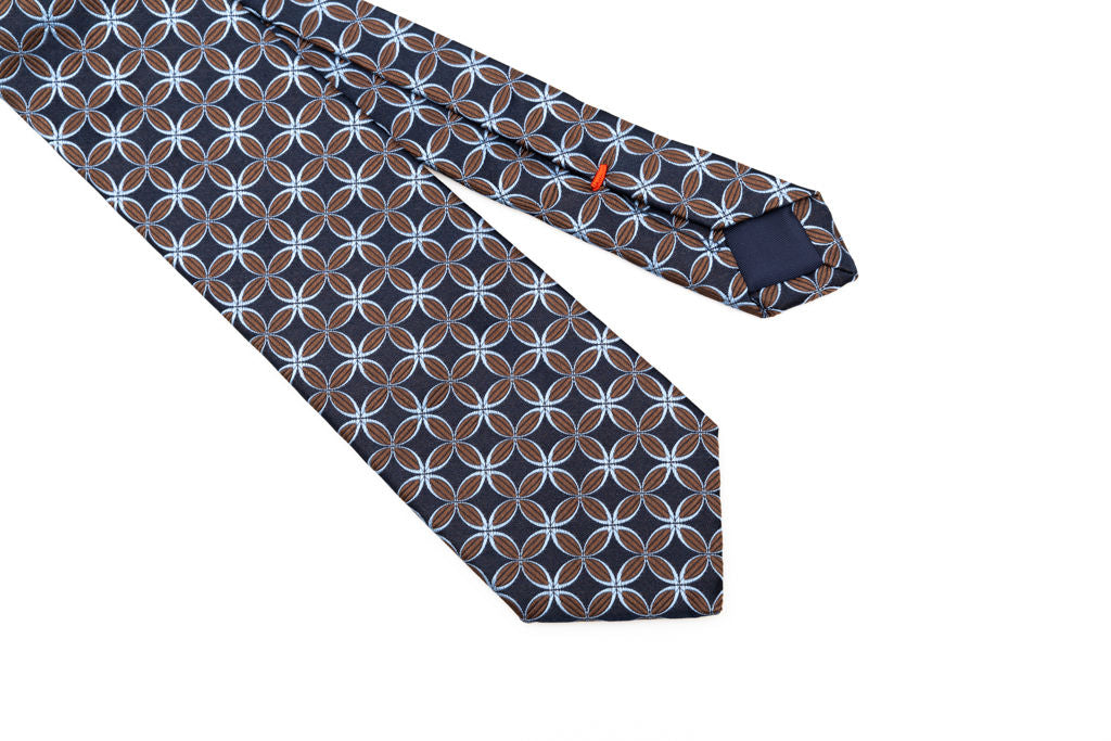 Midnight blue tie with brown and light blue geometry pure silk