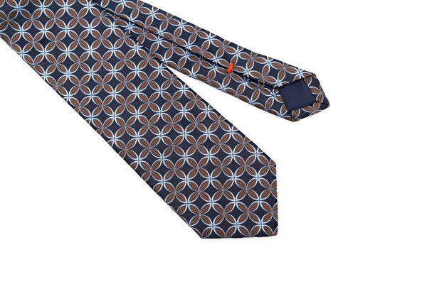 Midnight blue tie with brown and light blue geometry pure silk