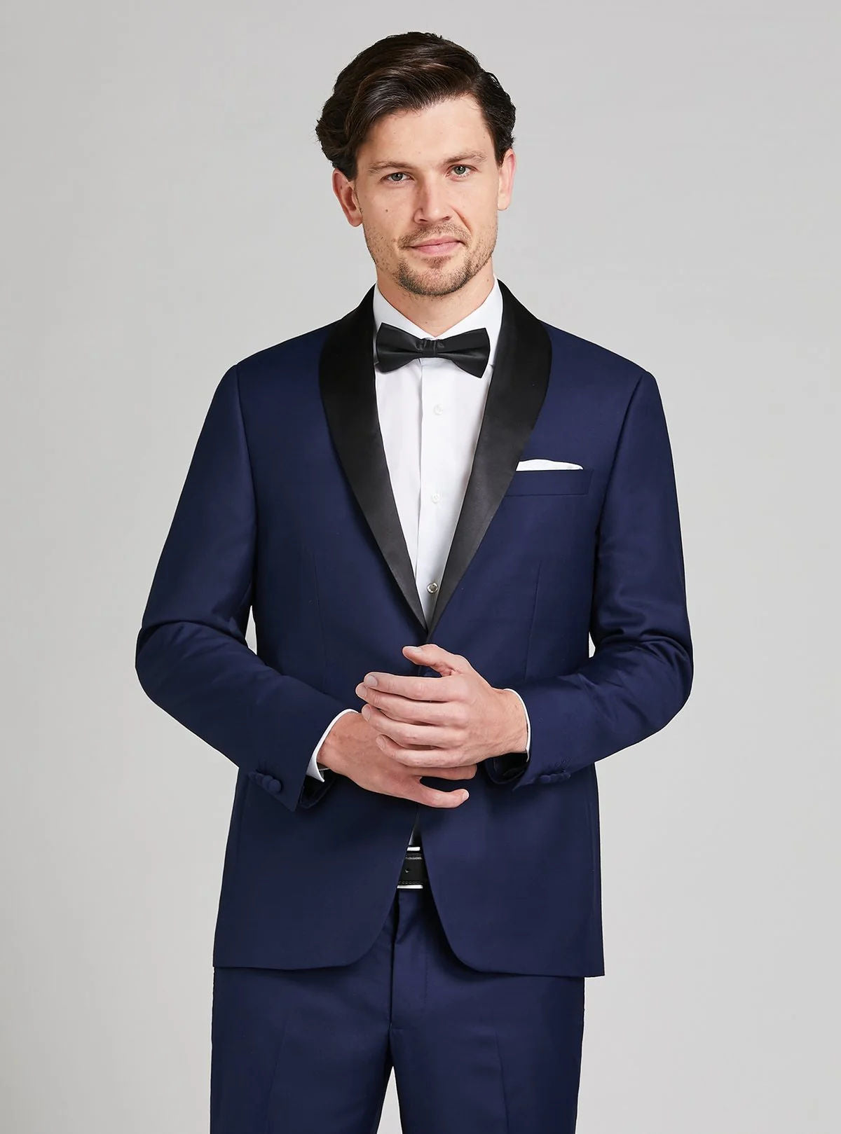 Blue formal dress with shawl lapel