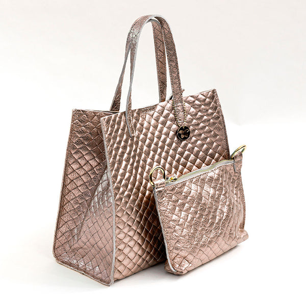 BALI - Borsa in pelle laminata stampa intreccio bronzo