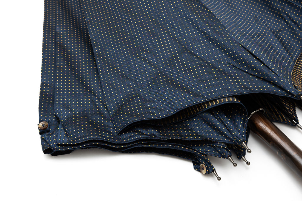 Mario Talarico umbrella blue with yellow polka dots in chestnut wood