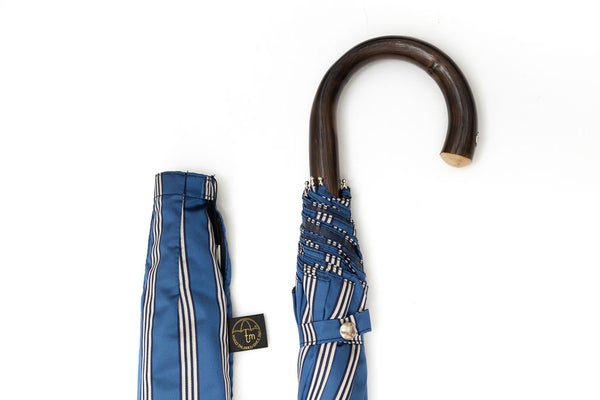Mario Talarico folding umbrella, blue with stripes, chestnut handle