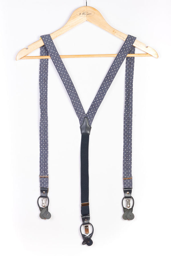 Blue suspenders with large polka dots