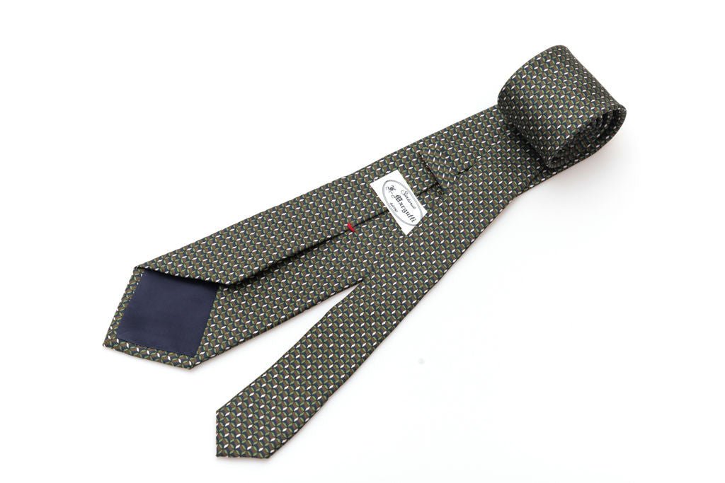 Green and brown micro-patterned pure silk tie
