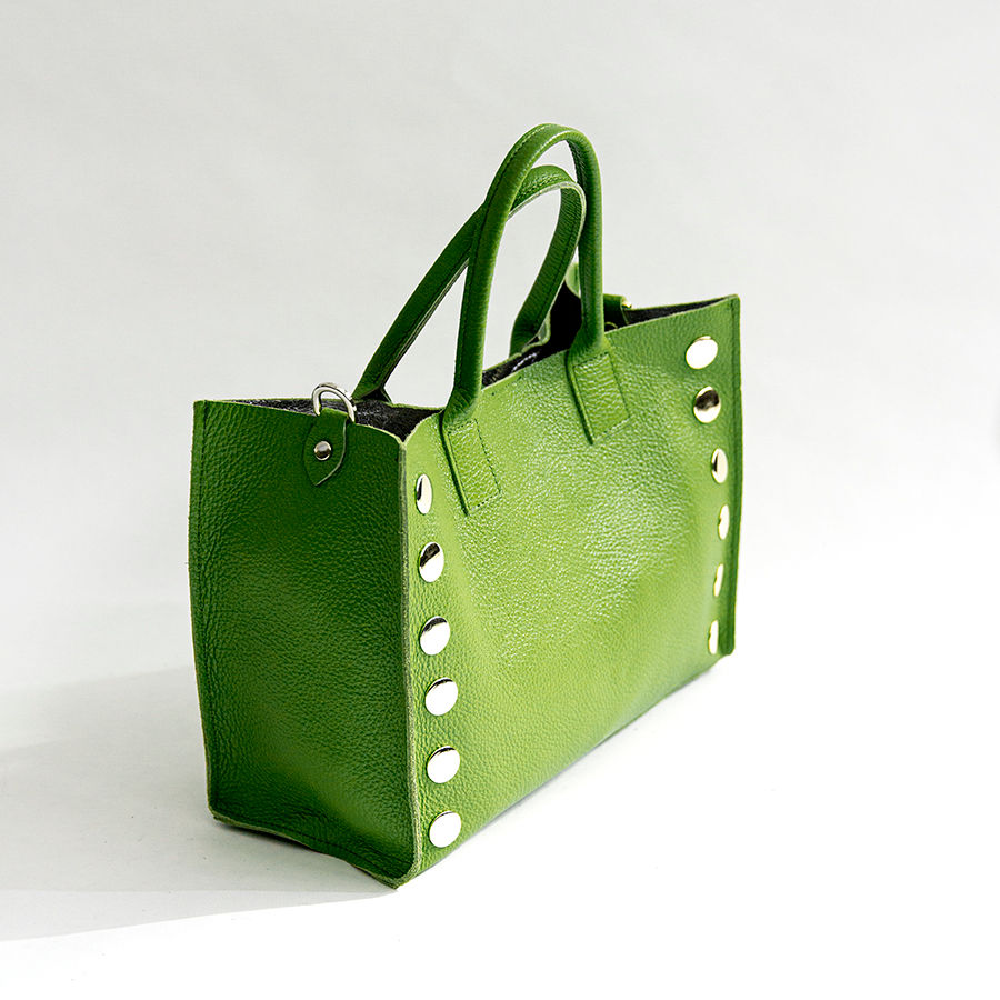 SAM - Aloe Green Leather Studded Shopping Bag