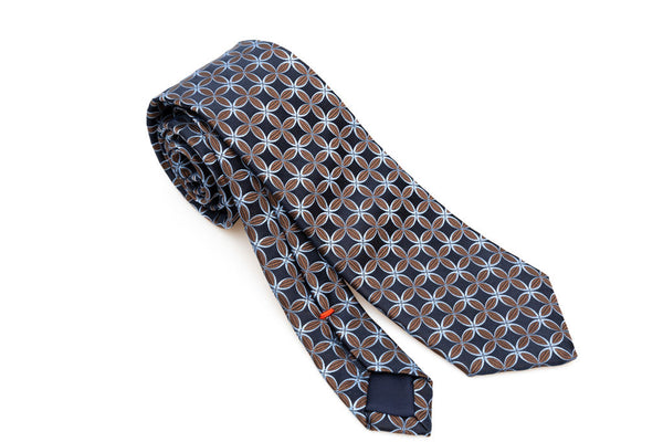 Midnight blue tie with brown and light blue geometry pure silk
