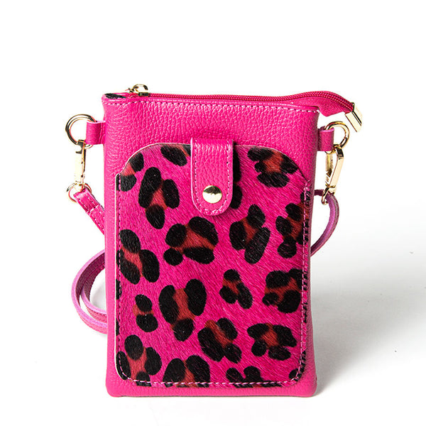 TINY - Fuchsia Leopard Print Pony Dollar Leather Cell Phone Case