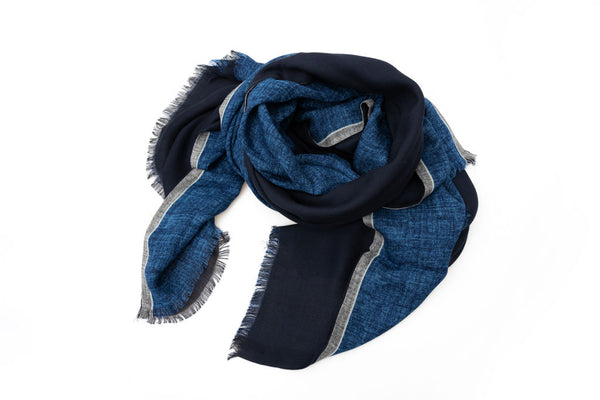 Double layer blue scarf with grey border pure wool