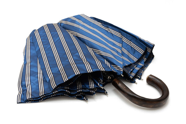 Mario Talarico folding umbrella, blue with stripes, chestnut handle
