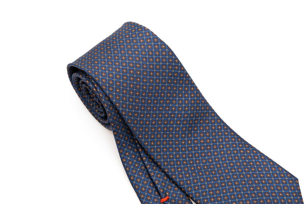 Cravatta blu con microfantasia marrone pura seta