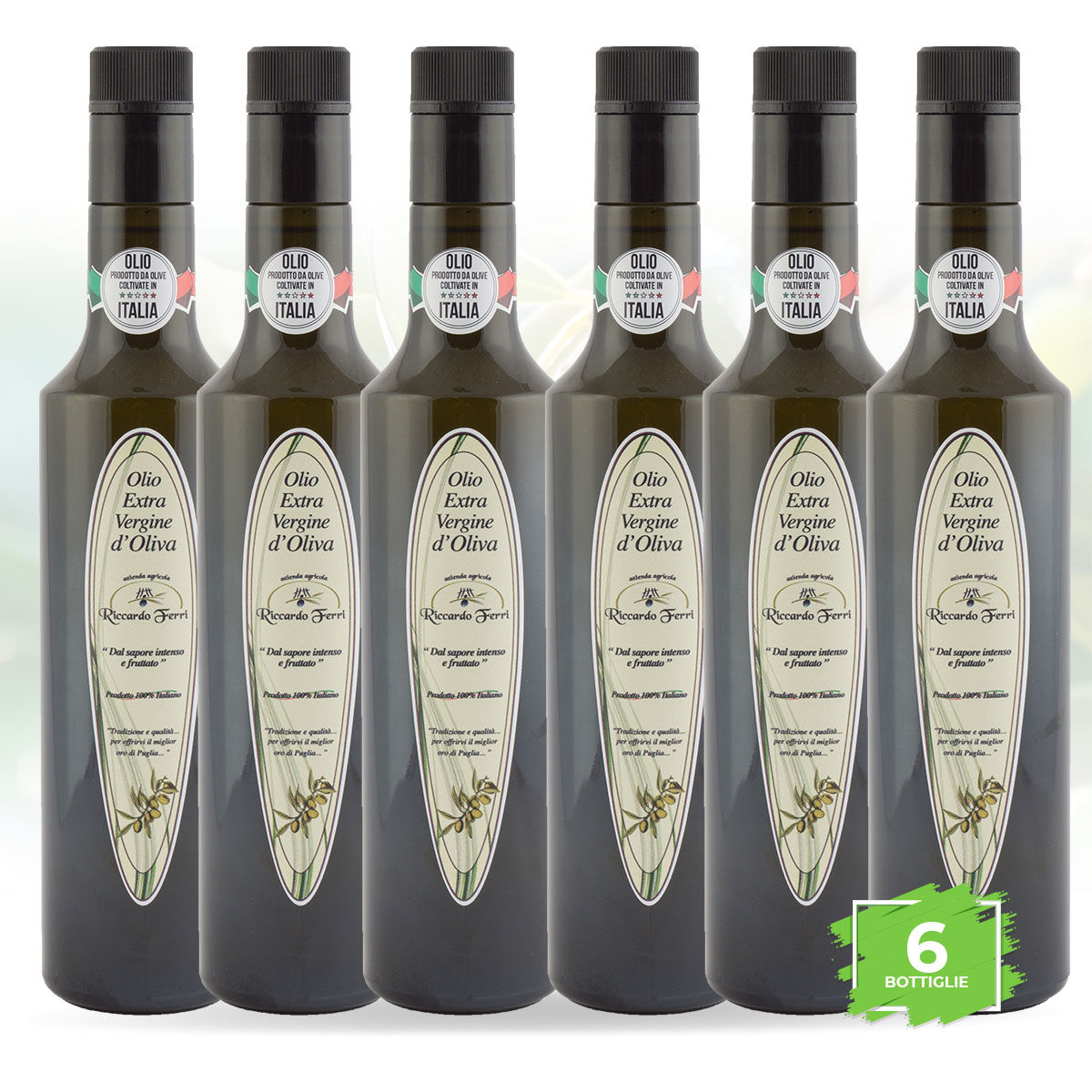 6 bottles 500 ml with anti topping up cap of extra virgin olive oil 100% Italian