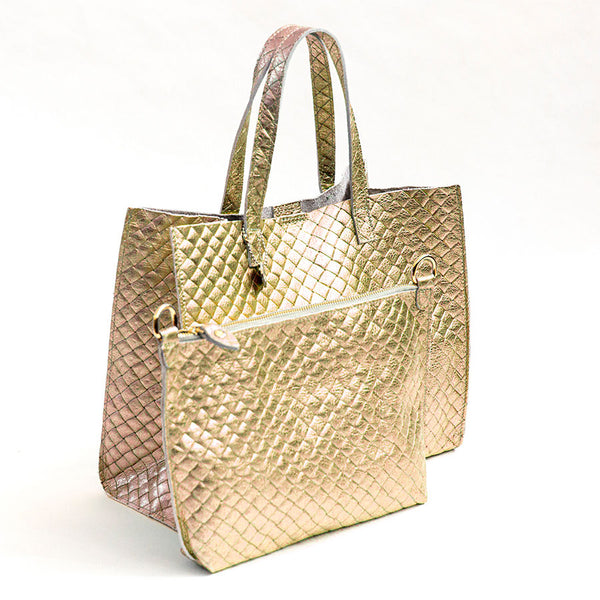 BALI BIG - Borsa in pelle laminata stampa intreccio oro
