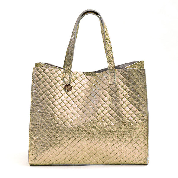 BALI BIG - Borsa in pelle laminata stampa intreccio oro