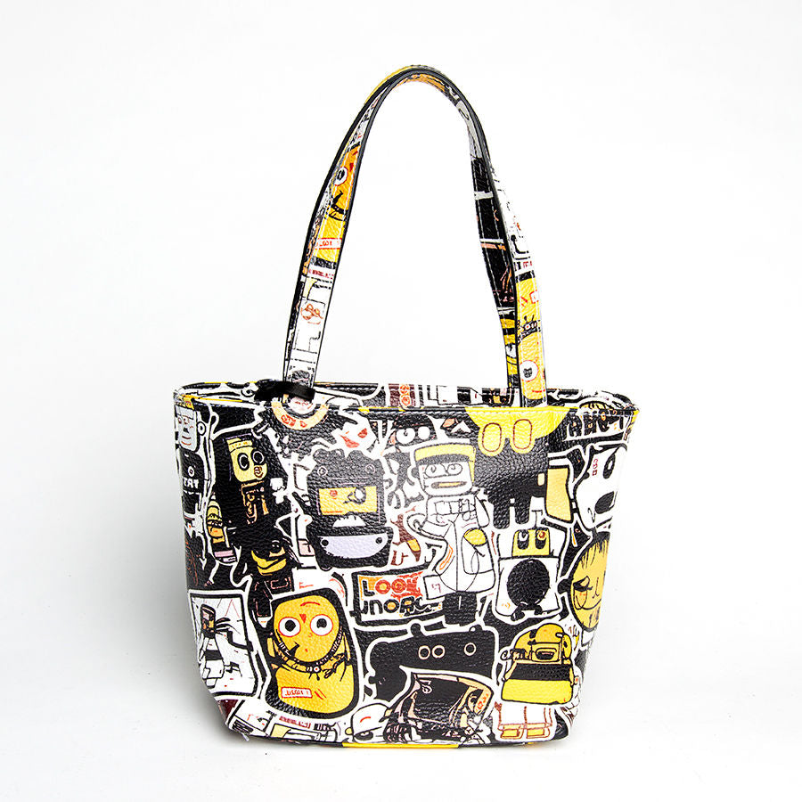 DOODLE - white screen printed leather shopping bag