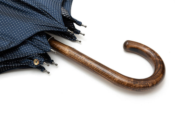 Mario Talarico blue umbrella with white polka dots in hickory wood