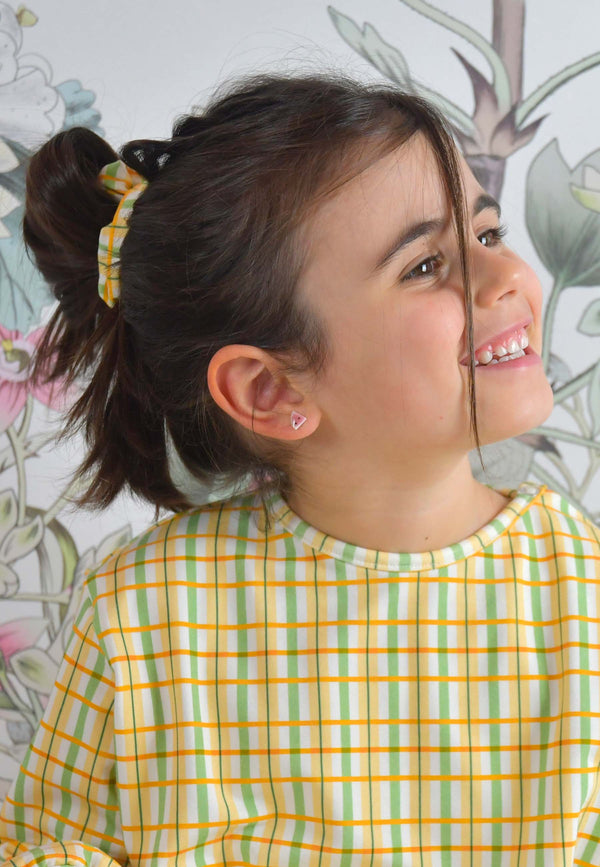 Chouchou (scrunchie) in bambù - Tartan prato fiorito - Palloncino blu