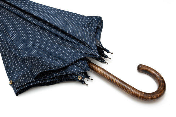 Mario Talarico blue umbrella with white polka dots in hickory wood