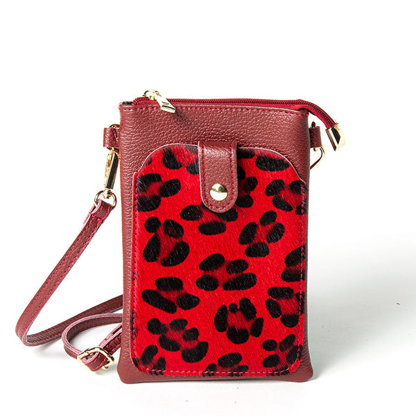 TINY - Dollar Leather Cell Phone Case with Red Leopard Print Pony