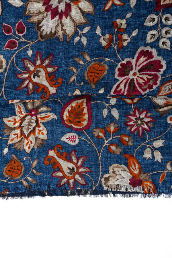 Double layer scarf in blue floral pattern pure wool