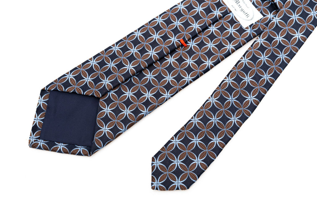 Midnight blue tie with brown and light blue geometry pure silk